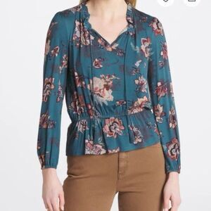 Les Serein Lourdes Peplum Blouse Teal Floral Sz L Large Stitch Fix NWT